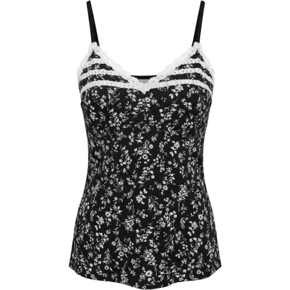 Laura Ashley Black Floral Lace Trim Camisole Top Size L Adjustable Straps